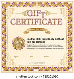 Gift certificate template. Frame border designed with floral elements and ribbon banner