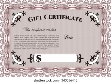 Gift certificate template. With guilloche pattern and background. Vector illustration.Complex design. 