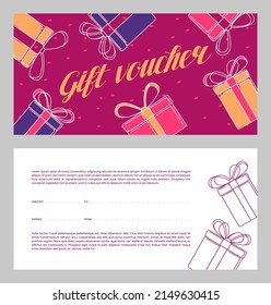 Geschenkgutscheine mit handgezeichneten Geschenkbox und Text. Design Konzept für Geschenkgutschein, Einladung, Zertifikat, Flyer, Ticket. Stock-Vektorgrafik.