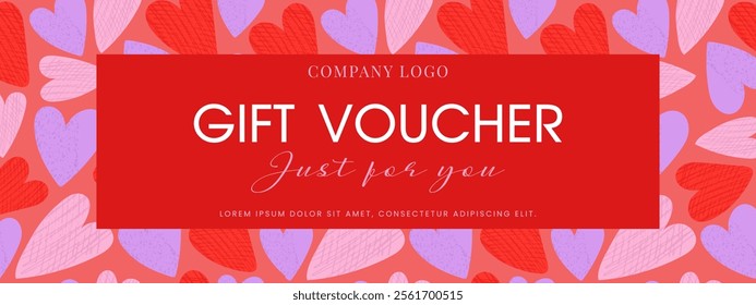 Gift certificate template with hearts background. Gift voucher with creative hearts. Vector.