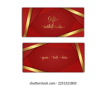 Gift certificate template. Luxury red voucher layout with shiny golden decor elements. Vector illustration of gift coupon with abstract rich background. Euro standart sizes. Front and back sides.
