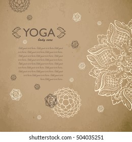 Gift certificate template with mandala ornament, crown and sacral chakras. Concept for yoga studio, beauty salon, spa. Flyer, banner, card template, vector illustration.