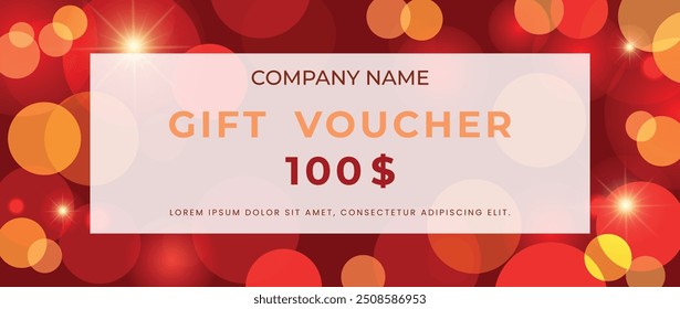 Gift certificate template on a sparkling red background. Cover for advertising. Vector.