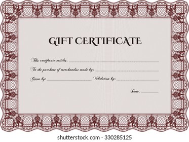 Gift certificate template. With quality background. Elegant design. Border, frame.