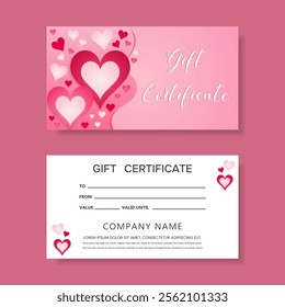 Gift certificate template with red and pink hearts in abstract style. Vector.