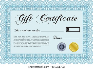 Gift certificate template. Superior design. Border, frame. With quality background. 