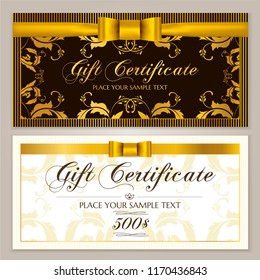 Gift certificate template (Gift Voucher layout, Coupon template). Gift card design example with golden bow, ribbon and floral frame border. Background pattern for restaurant / shop gift certificate
