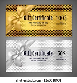 Gift certificate template (Gift Voucher layout, Coupon template). Gift card design with golden bow, ribbon and geometric frame border. Silver background with triangle pattern