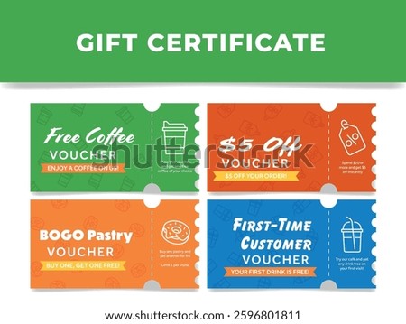 Gift certificate templates for coffee shops offering deals such as free coffee, discounts and special offers for new customers