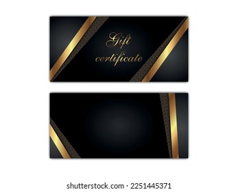 Plantillas de certificado de regalo aisladas. Diseños vectoriales de vales negros con brillantes elementos de decoración dorada. Ilustración de cupón de regalo con antecedentes de lujo.