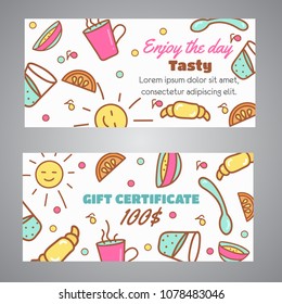 Gift Certificate text. Enjoy the Day slogan. Cafe, bakery concept business card, voucher. Coffeee and tea vector design Line icons