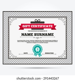Gift certificate. Third place award sign icon. Prize for winner symbol. Template with vintage patterns. Vector