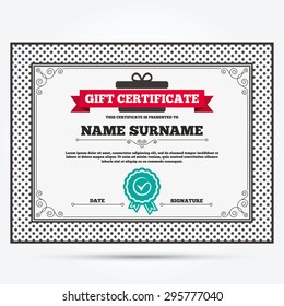 Gift certificate. Tick sign icon. Check mark symbol. Template with vintage patterns. Vector