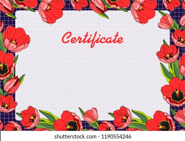 Gift certificate with tulips on purple background. Vector illustration