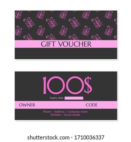 Certificado de regalo - plantilla de tarjeta de dos caras. Tarjeta con regalos/corazones en colores grises y rosas por 100$. Diseño de vectores.