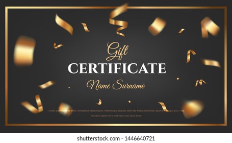 Gift certificate vector design. Black golden background with flying gold confetti. Elegant festive decoration, gift card or web banner template