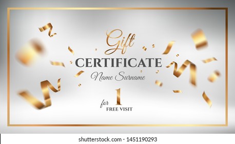 Gift certificate vector design. White golden template with flying gold confetti. Elegant festive decoration, long panoramic gift card or wide web banner layout