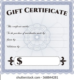 Gift certificate. Vector illustration.Cordial design. With great quality guilloche pattern. 