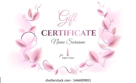 Gift certificate vector template design. Abstract creative floral background with pink leaves and silver color rich elegant decoration design