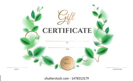 Gift certificate vector template design. Abstract creative spring layout with green leaves and golden color rich elegant decoration