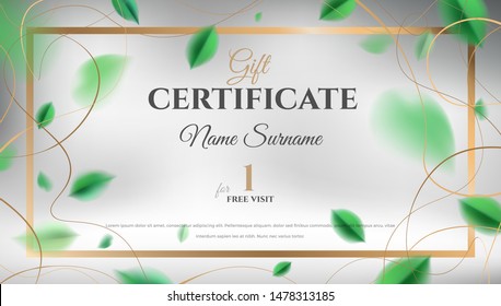 Gift certificate vector template design. Abstract creative spring layout with green leaves and golden color rich elegant decoration