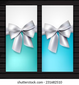 Gift certificate vector template set; vertical flyer with silver bow and ribbon, blue and  turquoise banner template