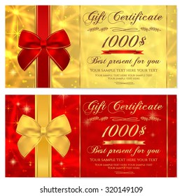 Gift certificate, Voucher, Coupon, Invitation or Gift card template with sparkling, twinkling stars (texture) and bow (ribbon). Red, gold background design for gift banknote, check, gift money bonus