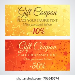 Gift certificate, Voucher, Coupon, Invitation or Gift card Discount template with sparkling, twinkling stars (texture). Red, gold background design for holiday gift banknote, check, flyer