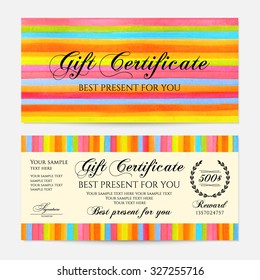 Gift certificate, Voucher, Coupon, Gift money bonus, Gift card template with colorful stripy (stripes, line pattern) background. Vector watercolor with rainbow texture for reward design, ticket, check