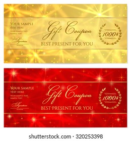 Gift certificate, Voucher, Coupon, Reward or Gift card template with sparkling, twinkling stars texture (pattern). Red, gold background design for gift banknote, check, gift money bonus, ticket, flyer