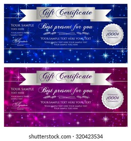 Gift certificate, Voucher, Coupon, Reward or Gift card template with sparkling, twinkling stars texture, ribbon. Dark blue background design for gift banknote, check, gift money bonus, flyer, banner