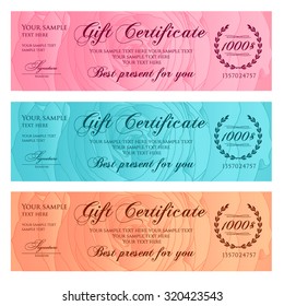 Gift certificate, Voucher, Coupon, Reward or Gift card template with floral rose silhouette  (flower pattern). Set background design for gift banknote, check, gift money bonus, ticket, flyer, banner
