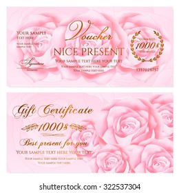 Gift certificate, Voucher, Coupon, Reward / Gift card template with floral rose (flowers pattern). Set of feminine background design for gift banknote, check, gift money bonus, ticket, flyer, banner