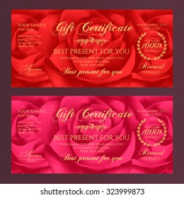 Gift certificate, Voucher, Coupon, Reward / Gift card template with red rose (flowers pattern). Floral feminine background design set for gift banknote, check, gift money bonus, ticket, flyer, banner