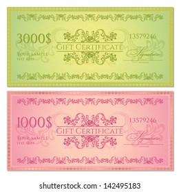 Gift certificate / Voucher / Coupon template (layout) with floral pattern (watermark), border. Background for invitation, banknote, cheque (check), money design, currency. Green, red color. Vector