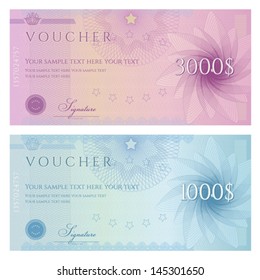 Gift certificate, Voucher, Coupon template with guilloche pattern (watermark), border. Background for banknote, money design, currency, note, check (cheque), ticket, reward. Blue, purple color. Vector