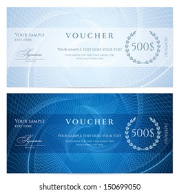 Gift certificate, Voucher, Coupon template with blue guilloche pattern (watermark). Dark background for banknote, money design, currency, note, check (cheque), ticket, reward. Vector