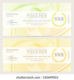 Gift certificate, Voucher, Coupon template with colorful (rainbow) guilloche pattern (watermark). Background for banknote, money design, currency, note, check (cheque), ticket, reward. Vector