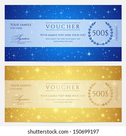 Gift certificate, Voucher, Coupon template with sparkling, twinkling stars. Night sky background design for invitation, banner, ticket. Vector in gold, blue color