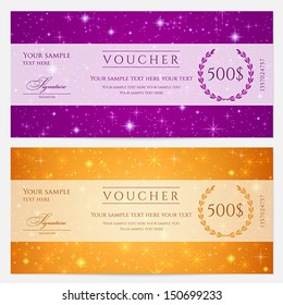 Gift certificate, Voucher, Coupon template with sparkling, twinkling stars. Night sky background design for invitation, banner, ticket. Vector in orange, blue violet