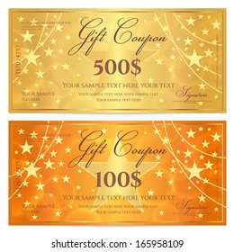 Gift certificate, Voucher, Coupon template with stars pattern. Holiday gold and orange background for money design, currency, note, check (cheque), ticket, reward. Vector