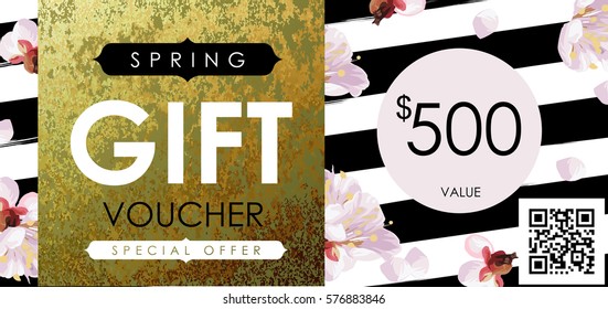Gift certificate, Voucher, Coupon template with plum tree flowers, stripe pattern and shabby gold texture. Spring inspiration vector.