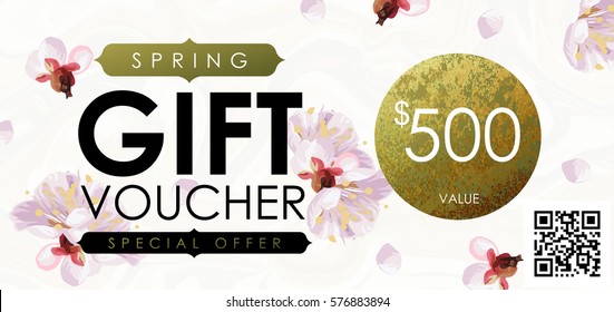 Gift certificate, Voucher, Coupon template with plum tree flowers, stripe pattern and shabby gold texture. Spring inspiration vector.