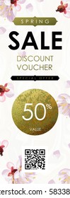 Gift certificate, Voucher, Coupon template with plum tree flowers, stripe pattern and shabby gold texture. Spring inspiration vector.