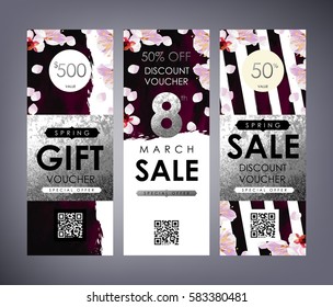 Gift certificate, Voucher, Coupon template with plum tree flowers, purple velvet stripe pattern and shabby white gold texture. Spring inspiration vector.