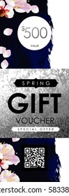 Gift certificate, Voucher, Coupon template with plum tree flowers, deep blue velvet stripe pattern and shabby white gold texture. Spring inspiration vector.