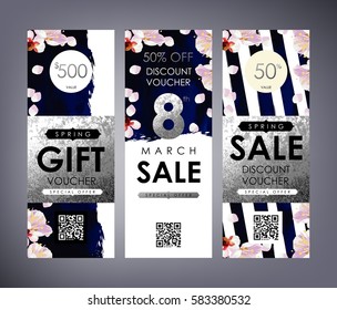 Gift certificate, Voucher, Coupon template with plum tree flowers, electric blue velvet stripe pattern and shabby white gold texture. Spring inspiration vector.