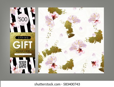 Gift certificate, Voucher, Coupon template and spring pattern set. Shabby gold, black and white stripes, blossom plum and marble texture. Spring decoration concept.