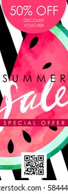Gift certificate, Voucher, Coupon template with watercolor paint textured watermelon on trendy striped background. "Summer sale" hand written lettering.