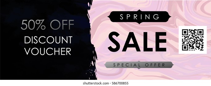 Gift certificate, Voucher, Coupon template with deep blue velvet and natural pink marble texture. Spring sale vector illustration.
